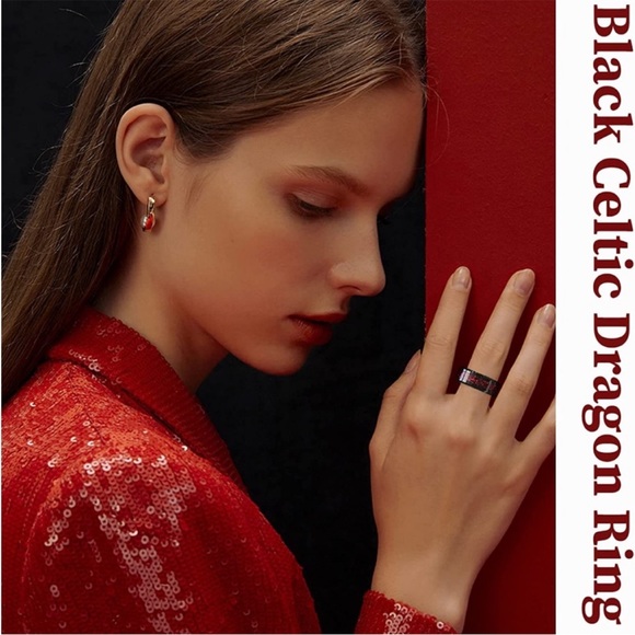 Stainless Steel Red and Black Celtic Dragon Ring, Size 7 - Picture 10 of 12